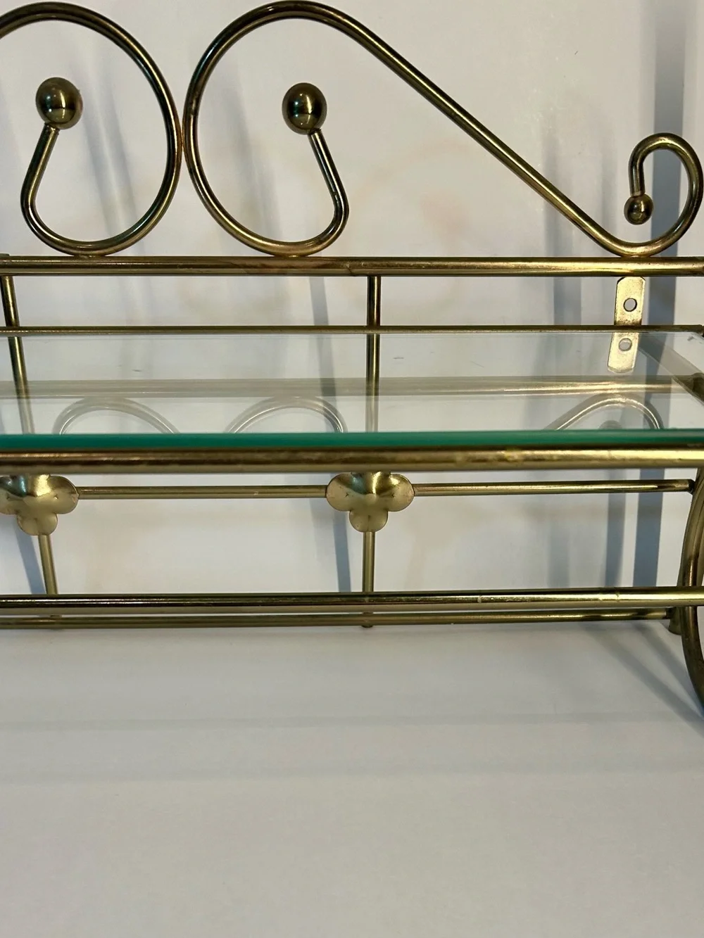 Vintage Brass Colored Glass Display Shelf  With Towel Holder